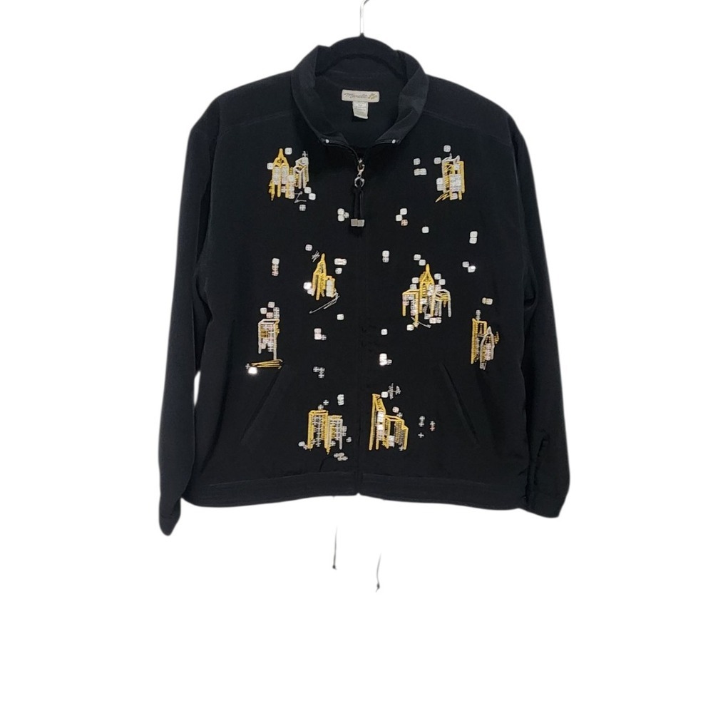 Y2k Vintage Mureli Women's Black Embellished Cityscape Zip Up Jacket‎ PM